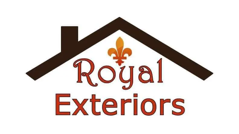 A brown roof with the words royal exteriors underneath it.