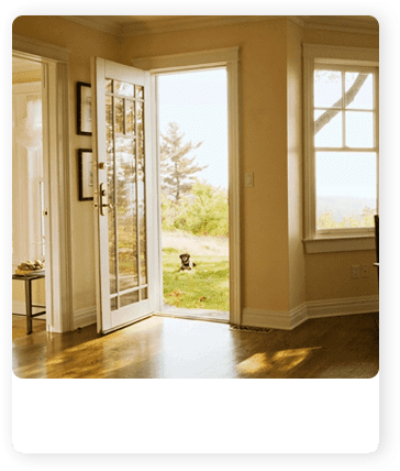 A room with a door open and a view of the yard.