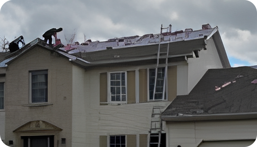 A ladder is attached to the roof of a house.